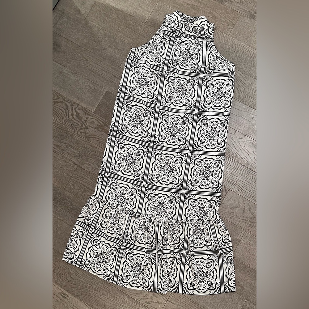 LOFT Halter High Neck Black & White Geometric Pattern Midi Dress Size M